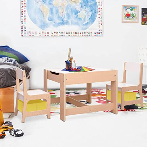 Tonture Barnbord med 2 stolar av MDF, multifunktionellt barnrumsmöbelset med krittavla och whiteboard, 62 x 62 x 48 cm, stabila babymöbler, komplett rum för småbarnsrum