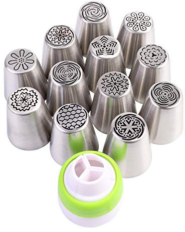 Soleebee 12 pezzi Beccucci Russi Grandi in acciaio inox torta fiore Bocchette Decorative Pasticceria ugelli pasticceria decorazioni strumenti set con 1 accoppiatore siringa (Set A)