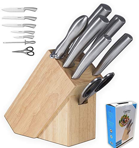 CUPERINOX® -Juego de Cuchillos de Cocina Profesional de Acero Inoxidable + Taco de Madera– 7 Piezas en Acero Inoxidable, Mango Ergonómico, Bloque de Madera Incluido – Chef Set para Hogar