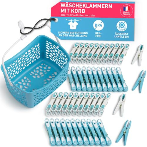 culiclean Wäscheklammern stabil ohne Abdruck Ecoline mit Wäscheklammernkorb 48 Stück mit Wäscheklammernkorb blau weiß/weiß blau Korb blau Henkel weiß Korb statt Beutel