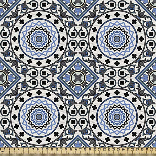 ABAKUHAUS Retro Gewebe als Meterware, Arabesque Mosaik-Motive, Schön Gewebten Stoff für Polster und Wohnaccessoires, 1M (148x100cm),Weiß Blau Grau