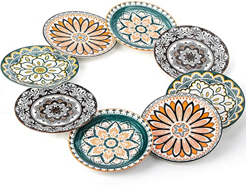 Foraineam 8 Pieces Salad Plates, 8.5 Inch Porcelain Floral Dessert Plates, Colorful Round Lunch Plate Sets for Appetizer Salad Fruit Snack, Dishwasher and Microwave Safe