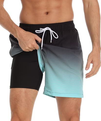 Badbyxor för män med kompressionsfoder, 2-i-1 fritidsshorts, träningsshorts, snabbtorkande, andningsbara badshorts för män, brädshorts med blixtlåsfickor, L2# Grön, XL
