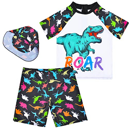 Boys Two Pieces Swimsuit Set Short Sleeve Kids Rash Guard Dinosaur Boys Bathing Suit with Sun Cap for 2-6 Years