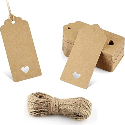 SJBAUTYO Geschenkanhänger Kraftpapier,100 Stück Kraftpapier Anhänger,Etiketten Kraftpapier Natural Craft Card,mit 20 Meter Jute Schnur für Handmade,Hochzeit Geschenk Weihnachten