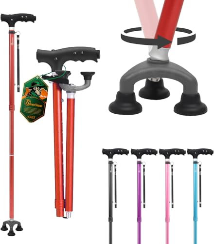 BeneCane Gehstock mit LED-Leucht für Männer und Frauen, höhenverstellbare Stöcke mit Stabiler 3-Basis, zusammenklappbarer Stock mit T-Griff, leicht & stabil