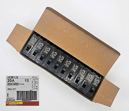 Square D HOM120 Circuit Breaker, 10 Pack, Homeline, 20 Amps, 120 Volts, UL Listed, 1 Pole, 10kA AIR, Standard Type, Plug in, Qty 10