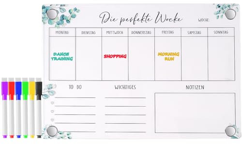 Wochenplaner Acryl Magnetisch, 30 * 20CM Weekly Planner Kühlschrank Klarer Magnetischer Wochenkalender, Wochenplaner Abwischbar mit 6 Markern,Familienplaner Planungstafel für Büro Schule Uni