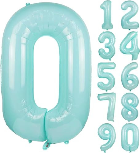 Folienballons * Macaron-Farben * als Zahlen Deko für Geburtstag und Party | XXL-Größe: 100cm | Zahl Luftballons Ballons Folienballon Ballondeko Kindergeburtstag, Edition: Mint-Blau Zahl 0