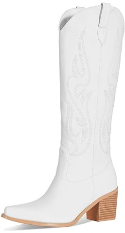 MIRAAZZURRA Stivali da cowboy per le donne in pizzo punta ricamo largo polpaccio al ginocchio stivali da cowboy, bianco, 39 EU