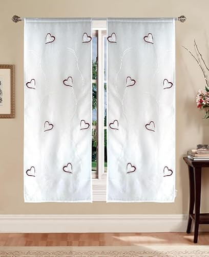Tata Home Coppia Tende per Interni a Vetro Finestra Semitrasparenti Bianche Tende Cucina Bagno Camera Fantasia Shabby Chic 60x150 cm con Cuori Rossi