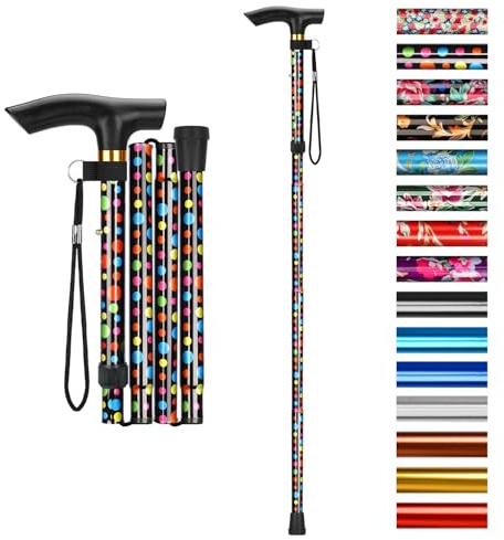 supregear Canne Pliante, Hauteur Réglable à 5 Niveaux Canne de Marche Légère Portable Bâtons de Voyage avec Dragonne et Poignée en T pour Personnes Âgées Handicapées Hommes Femmes, Pois Noirs
