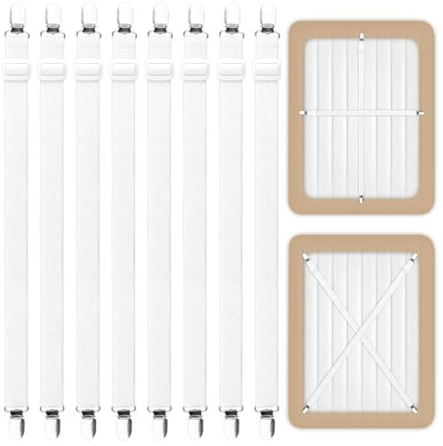 Bettlakenspanner 8 Stück, (65cm -220cm)Elastische Bettlakenspanner, Weiße Verstellbare Spannbettlaken Spanner, Lakenspanner mit Metallclips für Bettwäsche, Bettlaken, Matratze, Bügelbrett oder Sofa