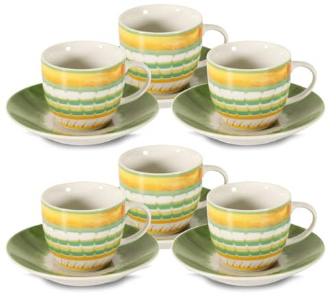 ARCA, Set 6 Tazzine da Caffè Apulia con Piattino, Realizzate in Porcellana Decorata, Capacità 90 ml, 11x6 cm, Verde
