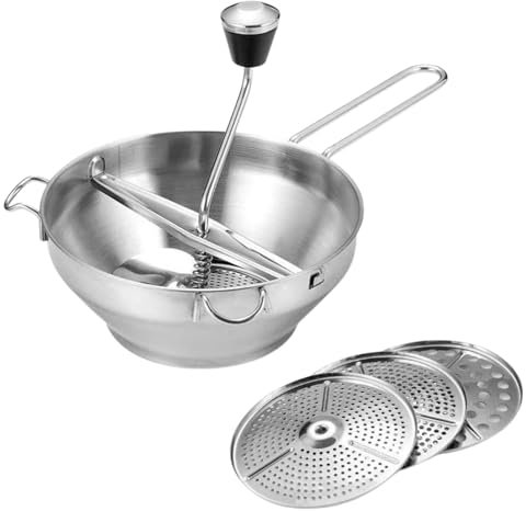 Edelstahl Lebensmittelmühle - Ergonomische Küchenmühle, Ergonomisches Stampfen Lebensmittelmühle | - und Obstsieb mit 3 Mahlmahlscheiben, Handkurbel Lebensmittelmühle zum Stampfen Sieben von
