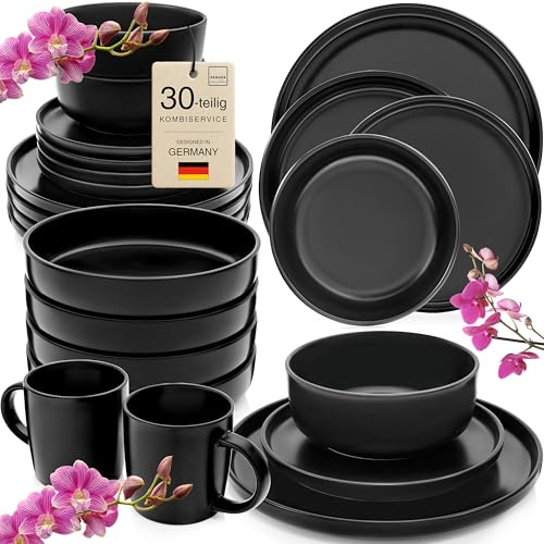 SÄNGER Madeira | Kombiservice 6 Personen, Teller Set matt Kaffeebecher Pastaschalen 30 tlg, Steingut Geschirr Set spülmaschinen- mikrowellen, Geschirrset aus Steingut schwarz | VALUE COLLECTION