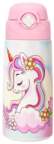 Gourde Isotherme Pour Enfant Avec Paille,acier Inoxydable - 500 Ml- Sans Bpa - Anti-fuite - Bouteille D'eau Isotherme Pour L'école,La Maternelle（La Licorne）