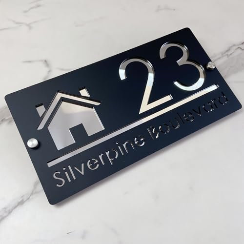 Plaque d'adresse personnalisée - Numéro de maison 3D en acrylique - Découpe au laser - Design moderne avec effet flottant - Pour maison, hôtel et appartement - Noir argenté