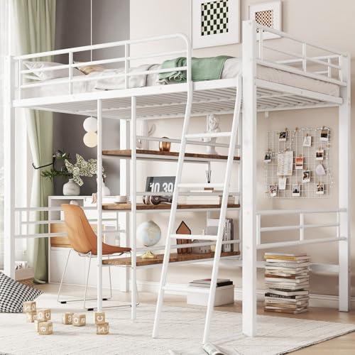 KOMHTOM 90x200cm Multifonctionnel Lit Mezzanine avec Bureau et étagère de Rangement, Lit en Fer avec Barrières de Sécurité et Échelles(sans Matelas) (Blanc)