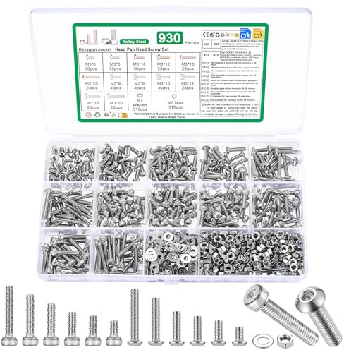 930 Pcs Tornillos M3, Juego de Tornillos con Tuercas y Arandelas, Tornillos de Cabeza Redonda con Cabeza Hueca Hexagonal, Tornillería Tornillos Hexagonales y Tuercas y Arandelas(M3)