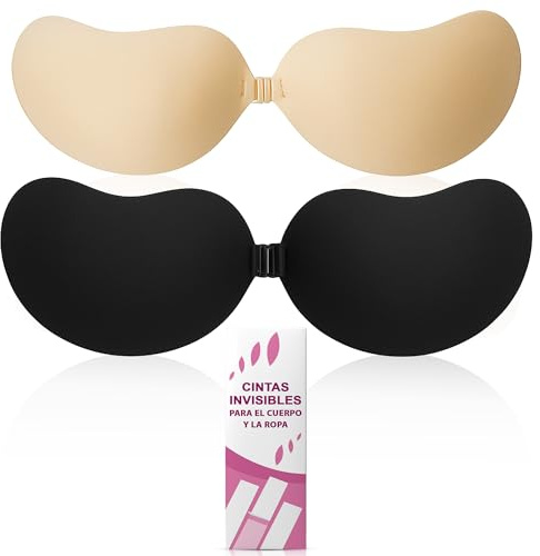 2uds Sujetador Invisible Push Up-Adhesivo Premium Hipoalergénico-Reutilizable y Cómodo-Realce Natural y Discreto-Ideal para Vestidos sin Tirantes, Escote y Espalda Descubierta-Colores Beige y Negro