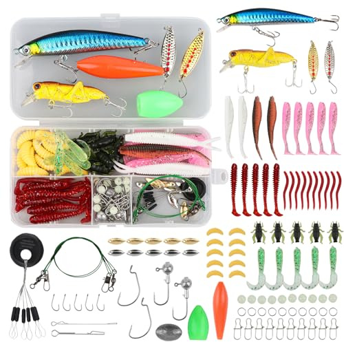 105 pezzi di esche da pesca, set di accessori per la pesca con scatola per esche – esche artificiali miste, in gomma, per esche da pesca, accessori per trote, luccio, pesce persico, acqua dolce e