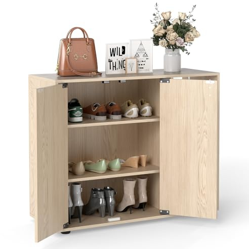 Multigot Shoe Cabinet, Wooden Shoe Storage Cupboard Organizer Unit with Double Doors & Open Adjustable Shelves, Freestanding Footwear Shoe Rack Stand for Entryway Hallway Living Room (Natural)