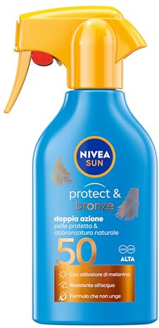 NIVEA SUN Spray Protect & Bronze SPF 50 250 ml, Crema solare 50 spray abbronzante corpo, Protezione solare 50 con attivatore di Melanina acceleratore abbronzatura, Resistente all'acqua, Non unge