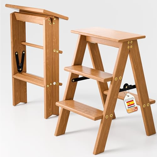 Escalera de 3 peldaños, Taburete Plegable de Madera, Silla Plegable, Antideslizante, portátil y Resistente para el hogar, la Cocina y la Oficina (Ewq3)