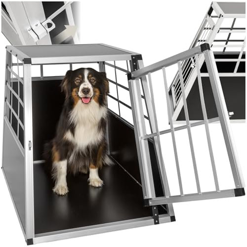 tectake® Dog Crate in Robust Aluminium, Durable Dog Cage with Spacious Interior & Lockable Door, Easy to Assemble & Clean, Dog Travel Crate with Trapezoidal Shape for Cars - 69 x 90 x 69.5 cm