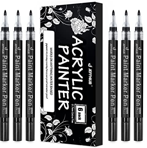 JEFFNIUB Acrylstifte Marker Stifte，Schwarz Permanent Marker Wasserfeste Acrylfarben Marker Set für Steine Keramik Holz Metall Papier Glas Stoffe Kunststoff Leder DIY - 0.7mm Spitze 6 Pack
