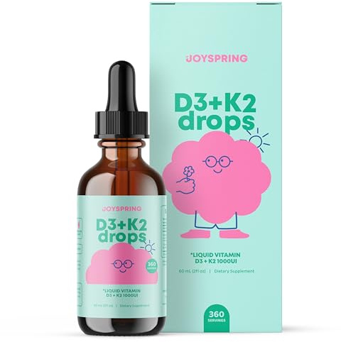 JoySpring Vitamin D3 Kids Drops with K2 – Liquid Supplement for Calcium Absorption & Joint Health – 360 Servings (2 fl oz) – Vitamin D Kids Ages 3-18