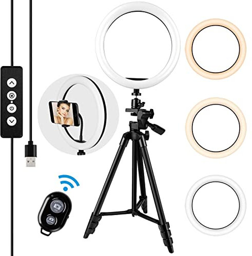 Ring Light 10 Inch with Tripod - 3 Colours Dimmable 3000 K - 5600 K Adjustable Brightness 360° Rotation Gimbals, LED Ring Light with Remote Control and Mobile Phone Holder for Makeup/Video Call/Selfie