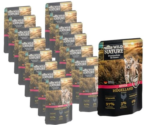 Dehner Wild Nature Katzenfutter Kitten Hügelland, Nassfutter getreidefrei / zuckerfrei, für junge Katzen, Huhn, 16 x 85 g Beutel (1.36 kg)