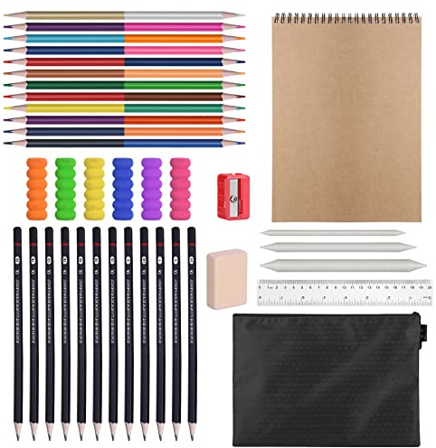 Drawing Sketching Pencils Set, 38pcs Art Kit with Black Zipper Bag, Sketch Book, Dual Ended Colouring Pencils, Eraser, Sharpener, Art Pencils Sketching Set for Adults Kids Beginners Drawing Sketching