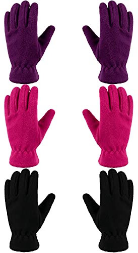 Geyoga 3 Paar Kinder Vlies Handschuhe Winter Vollfinger Fäustlinge für Jungen Mädchen (Schwarz, Lila, Rosenrot, S (4-7 Jahre))