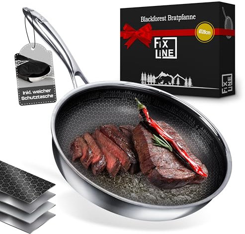 FIXLINE® Black Forest Bratpfanne 28cm - kratzfeste Antihaftbeschichtung ohne PFAS- hoher Rand 6,5cm - alle Herdarten inkl. Induktion - Backofen geeignet bis 230°C - Perfekte Geschenkidee