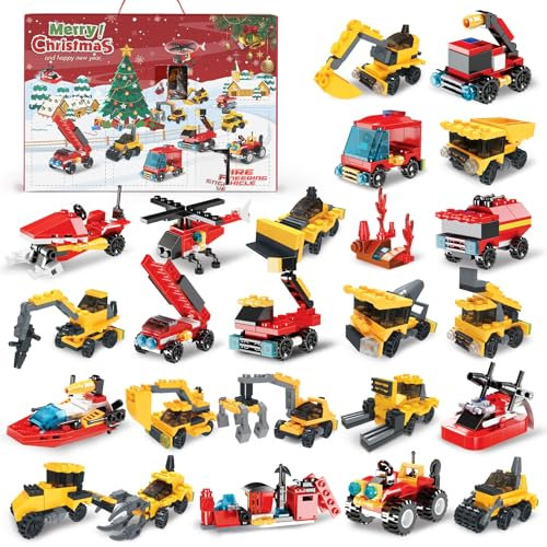 Adventskalender kinder 24 teiliges Technik und Feuerwehrauto Bausteinspielzeug adventskalender jungen 24 Tage Geschenke für Kinder Jungen Mädchen Weihnachts Countdown Kalender