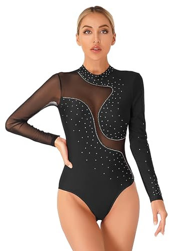 TTAO Tanzanzug für Damen Ballett Body Kurzarm/Langarm Gymnastikanzug Mesh Tanztrikot Tanzbody Balletttrikot Tanzkleidung Schwarz E S