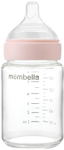 Mombella Glass Baby Bottle, Biberon classique en verre pour bébé de 0 à 6 mois avec tétine à débit lent, biberon anti-colique pour bébé nourri au sein, 6 oz/180ML, rose