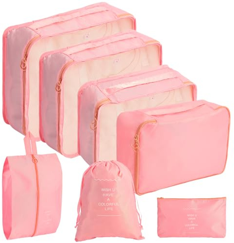 7 PCS Packing Cubes for Suitcases, Travel Luggage Organizers Bags Packing Cube Waterproof Travel Essentials Bag Packing Cubes for Clothes Shoes Storage Bags, Pink