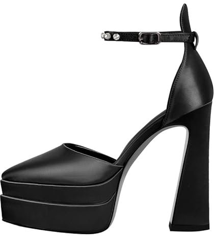 blingqueen Mary Jane Shoes for Women Platform Pumps with Block Heel Rhinestone Heels Pointed Toe Heeled Sandals Black Chunky Sexy Heel for Women Pointy Satin Pumps Buckles Size 2