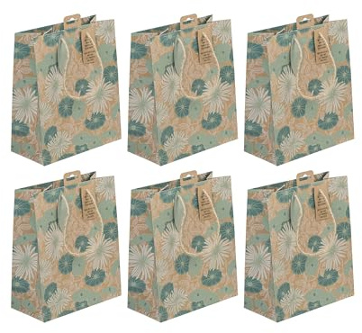 Clairefontaine - 202112-3Cpack - Un lot de 6 sacs cadeaux adulte - Formats moyens 21,5x10,2x25,3cm - Jardins - Qualité supérieure, Kraft, résistant : 210g - idéal pour : livre, jeux, petits coffrets
