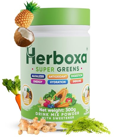 Herboxa SUPER GREENS – Grüne Helfer Entgiftungspulver – Enthält Chicoréewurzel, Zink – Kokosnuss-Ananas-Geschmack – 50 Portionen