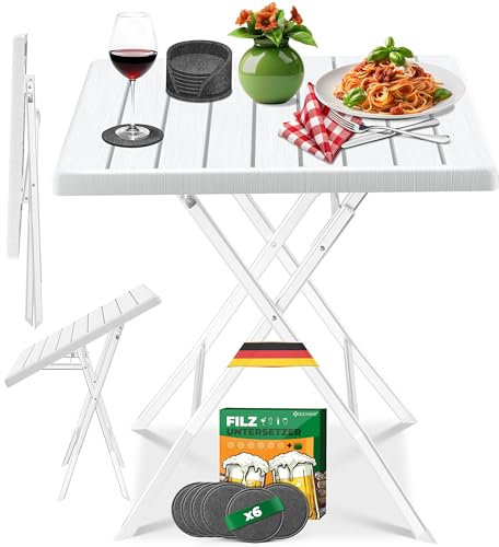 KESSER® Tavolo da balcone pieghevole, resistente ai raggi UV, in acciaio rivestito e effetto legno, per esterni, con 6 sottobicchieri in feltro