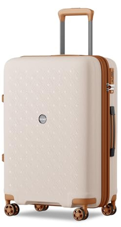 KONO Koffer Mittelgroß mit Getränkehalter Hartschale Leicht Polypropylen Erweiterbar Rollkoffer Mittelgroß Reisekoffer mit 4 Rollen und TSA Schloss, Creme/Braun
