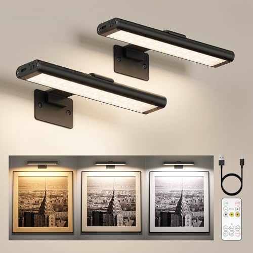 EZVALO Iluminación de Imagen Inalámbrica, Lámpara de Pared Inalámbrica para Interiores, Luces LED con Batería para Espejo de Baño, Cuadros, Pinturas y Fotos (2 Pieza, Negro)