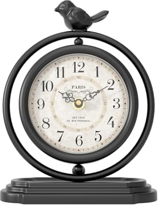 ChimeTide Black Vintage Table Clock with Bird, European Retro Mantel Clocks