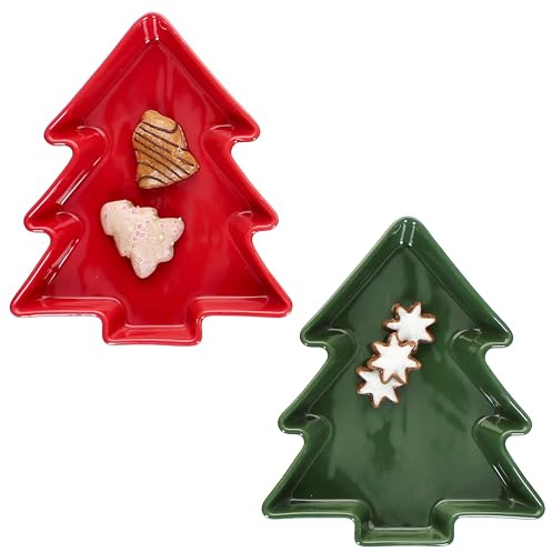 MamboCat 2tlg Gebäckschale Tannenbaum I aus Steingut in Rot & Dunkelgrün I Weihnachtliche Schüssel in Weihnachtsbaum-Form I Ideal für Plätzchen, Gebäck & Snacks
