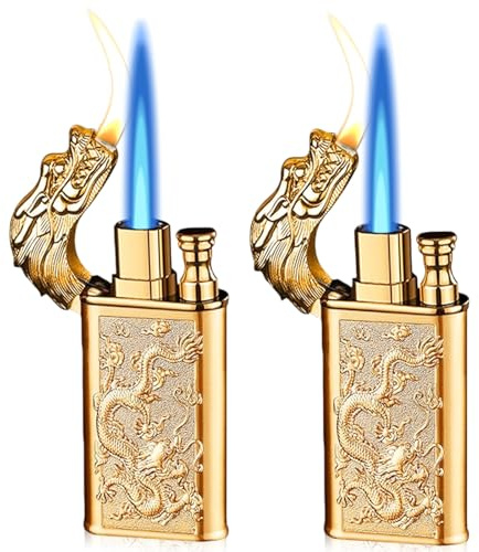 2 accendini: accendino tempesta con elegante rilievo drago, fiamma regolabile e fiamma morbida, accendino butano ricaricabile per candele, cucina, campeggio (senza gas), oro